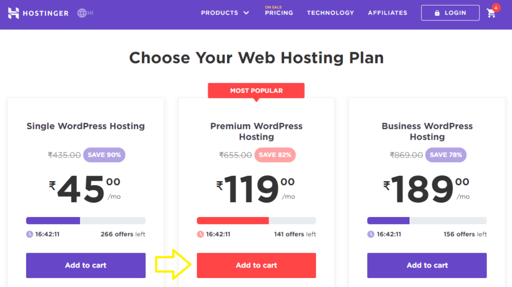 hostinger wordpress web hosting plan adding to cart